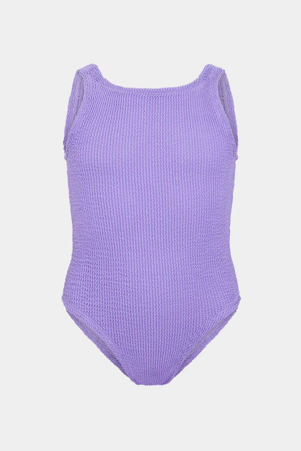 Classic Swim in Lilac by Hunza G, stretchy crinkle one-piece designed for ages 7–12. Ideal for sunny vacations and swim play.