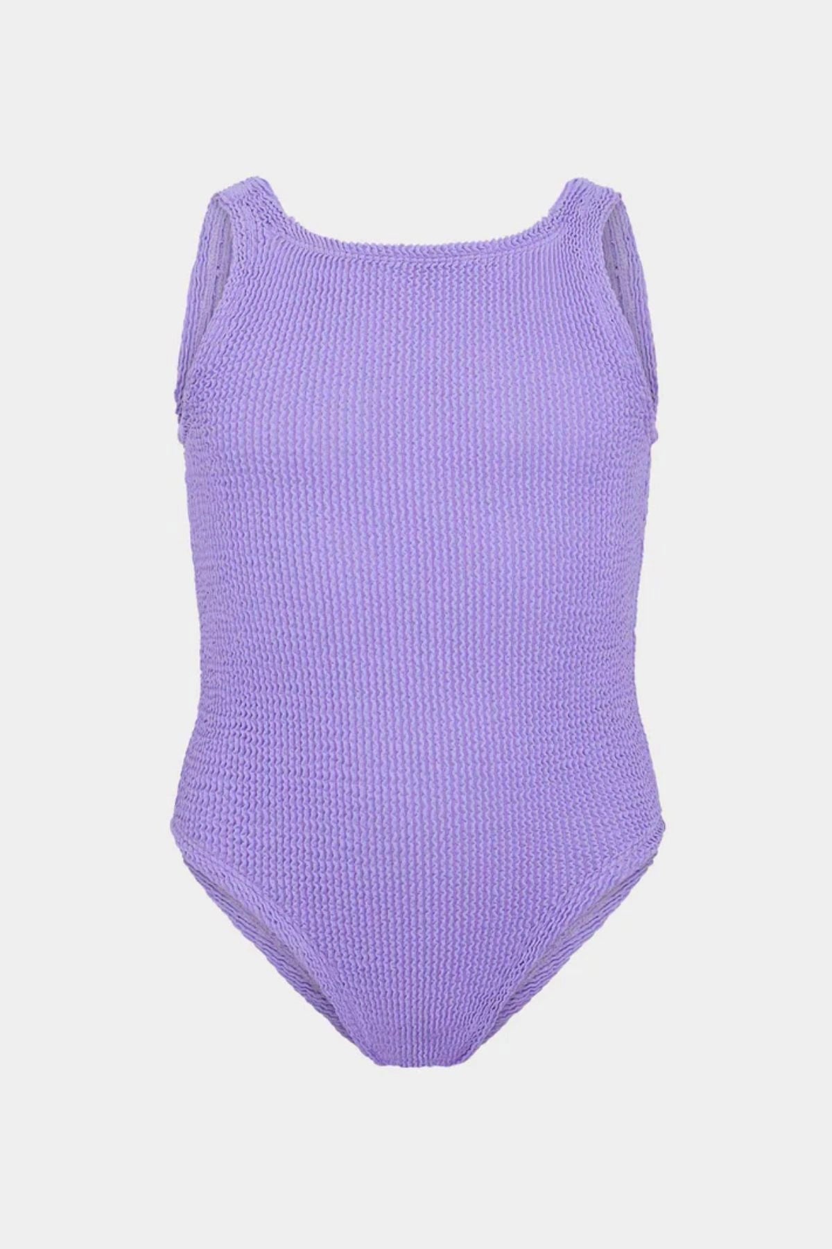 Classic Swim in Lilac by Hunza G, stretchy crinkle one-piece designed for ages 7–12. Ideal for sunny vacations and swim play.