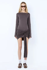 Claudette Drape Mini Dress in Washed Choc by Bec + Bridge – long sleeve cotton mini with draped hip detail.