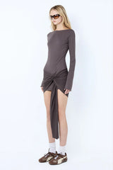 Claudette Drape Mini Dress in Washed Choc by Bec + Bridge – long sleeve cotton mini with draped hip detail.