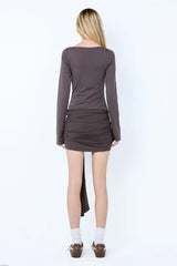 Claudette Drape Mini Dress in Washed Choc by Bec + Bridge – long sleeve cotton mini with draped hip detail.