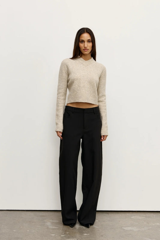 Claudia V Knit Urchin by Bayse – fitted wool blend knit with crossover V neckline and brushed texture.