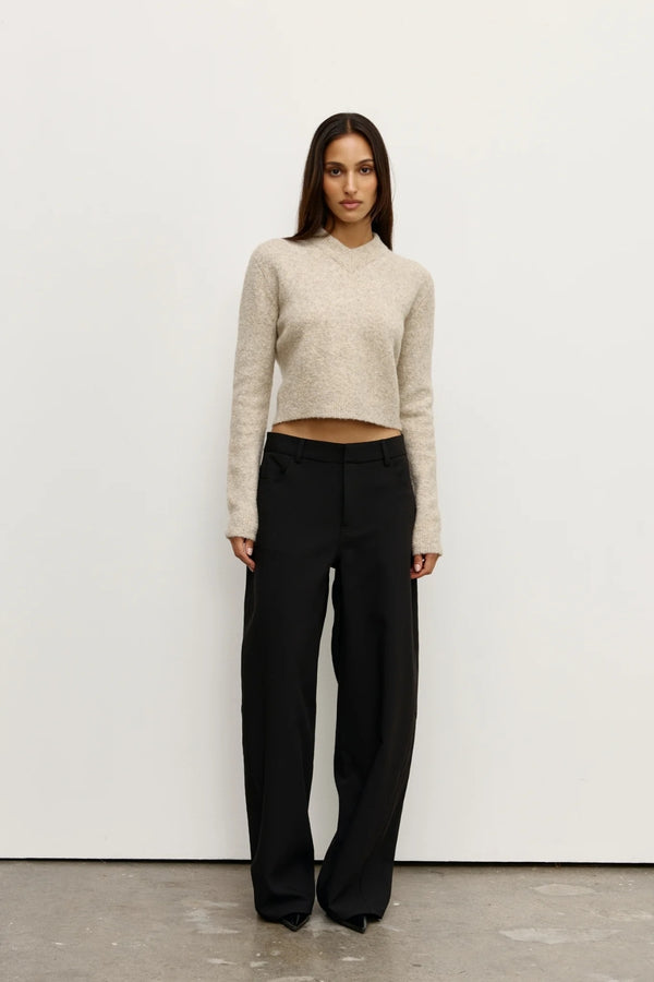 Claudia V Knit Urchin by Bayse – fitted wool blend knit with crossover V neckline and brushed texture.