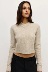 Claudia V Knit Urchin by Bayse – fitted wool blend knit with crossover V neckline and brushed texture.