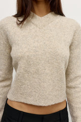 Claudia V Knit Urchin by Bayse – fitted wool blend knit with crossover V neckline and brushed texture.