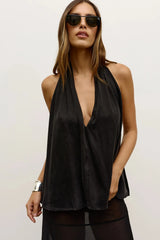 Clea Halter Top in Black by Bayse, a lightweight halter top with a plunging neckline and open back for elevated summer styling.