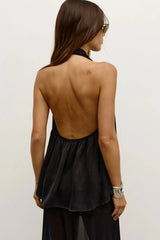 Clea Halter Top in Black by Bayse, a lightweight halter top with a plunging neckline and open back for elevated summer styling.