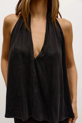 Clea Halter Top in Black by Bayse, a lightweight halter top with a plunging neckline and open back for elevated summer styling.