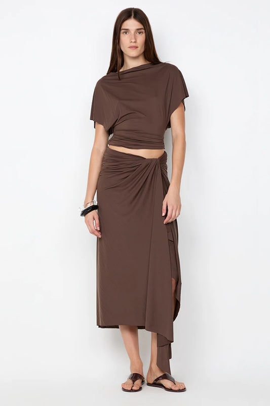 Clementine Batwing Top by Bec and Bridge – a milk chocolate draped jersey top with a fitted gathered waist, perfect for chic evening or resort looks.