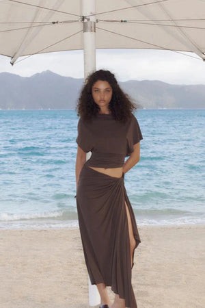 Clementine Batwing Top by Bec and Bridge – a milk chocolate draped jersey top with a fitted gathered waist, perfect for chic evening or resort looks.