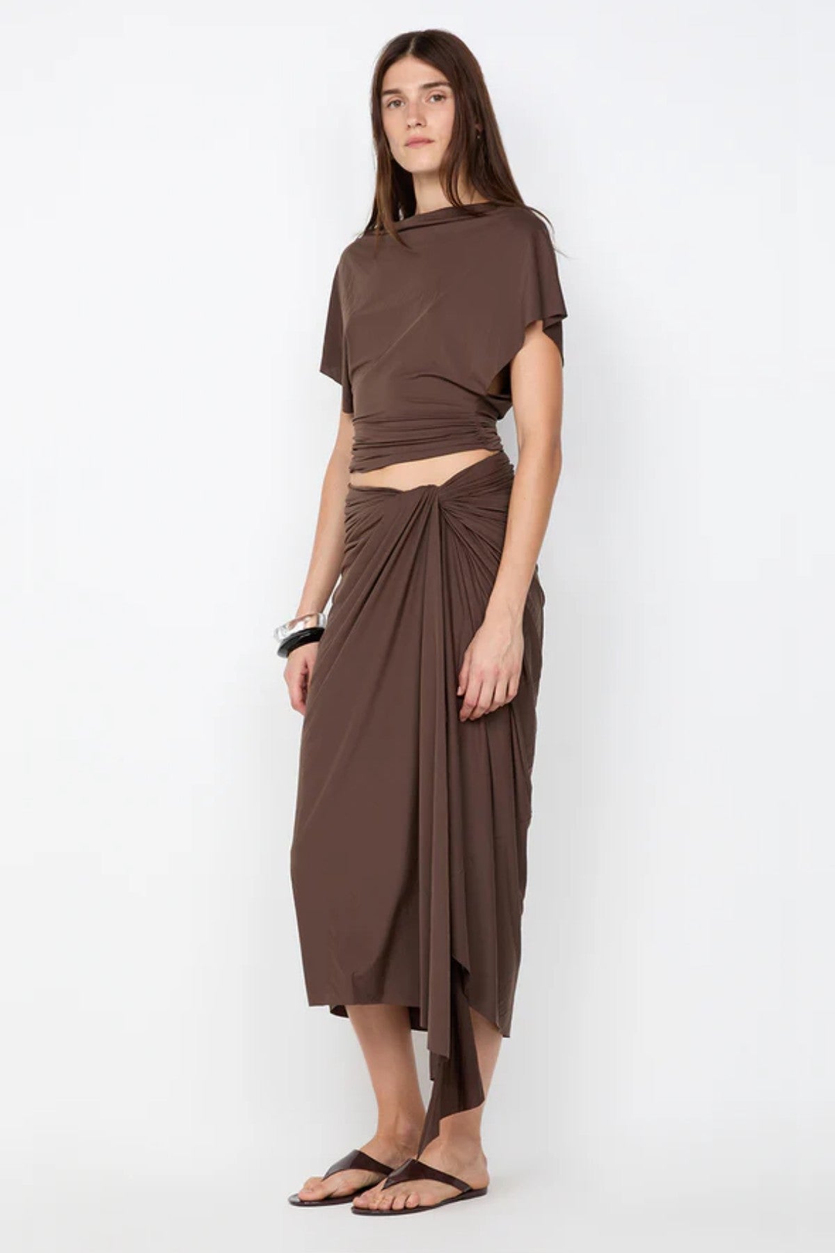 Clementine Batwing Top by Bec and Bridge – a milk chocolate draped jersey top with a fitted gathered waist, perfect for chic evening or resort looks.