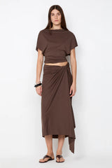 Clementine Batwing Top by Bec and Bridge – a milk chocolate draped jersey top with a fitted gathered waist, perfect for chic evening or resort looks.