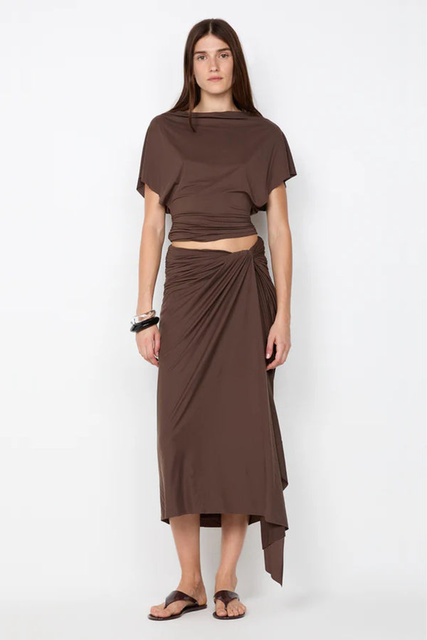 Clementine Batwing Top by Bec and Bridge – a milk chocolate draped jersey top with a fitted gathered waist, perfect for chic evening or resort looks.