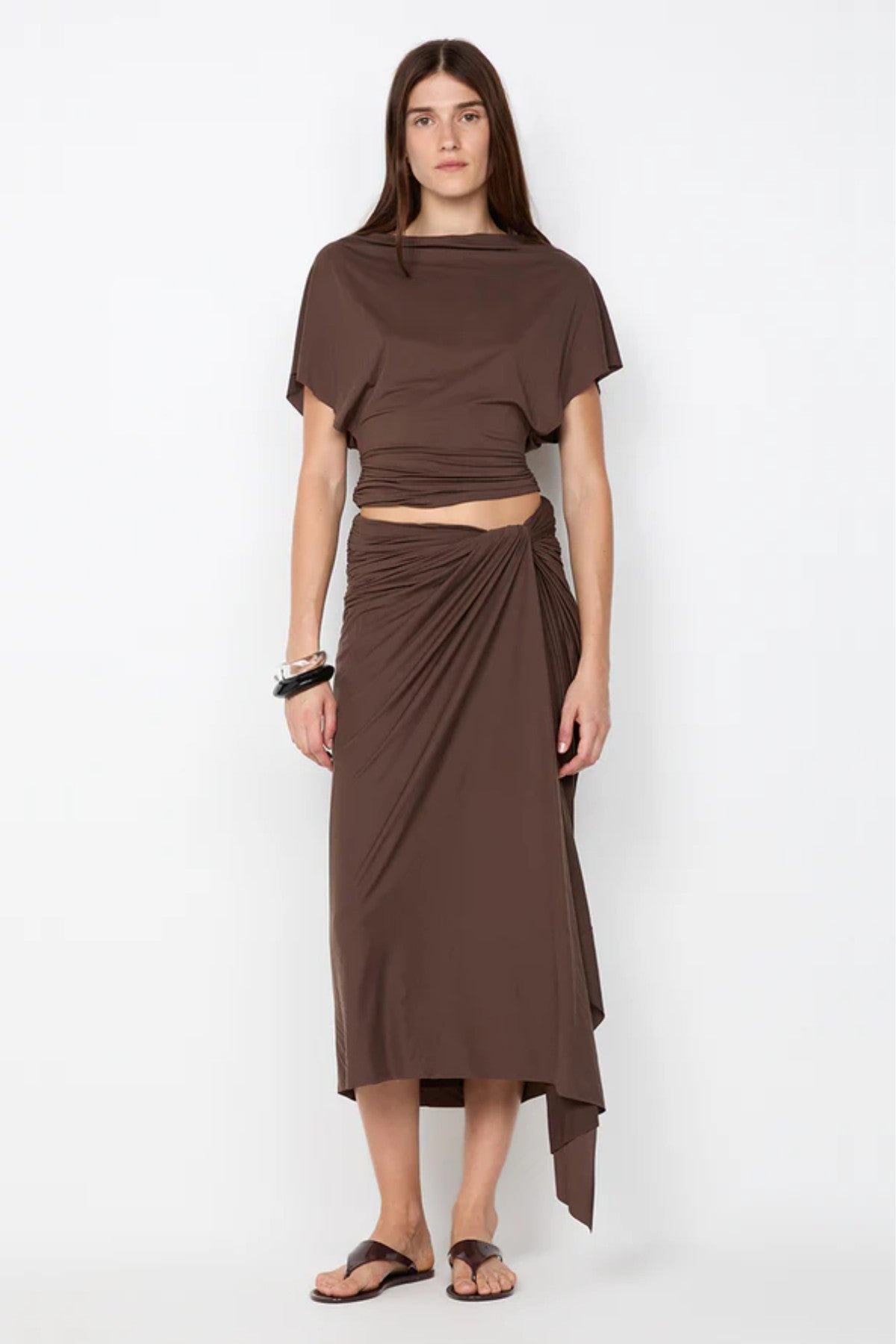 Clementine Batwing Top by Bec and Bridge – a milk chocolate draped jersey top with a fitted gathered waist, perfect for chic evening or resort looks.