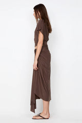 Clementine Batwing Top by Bec and Bridge – a milk chocolate draped jersey top with a fitted gathered waist, perfect for chic evening or resort looks.