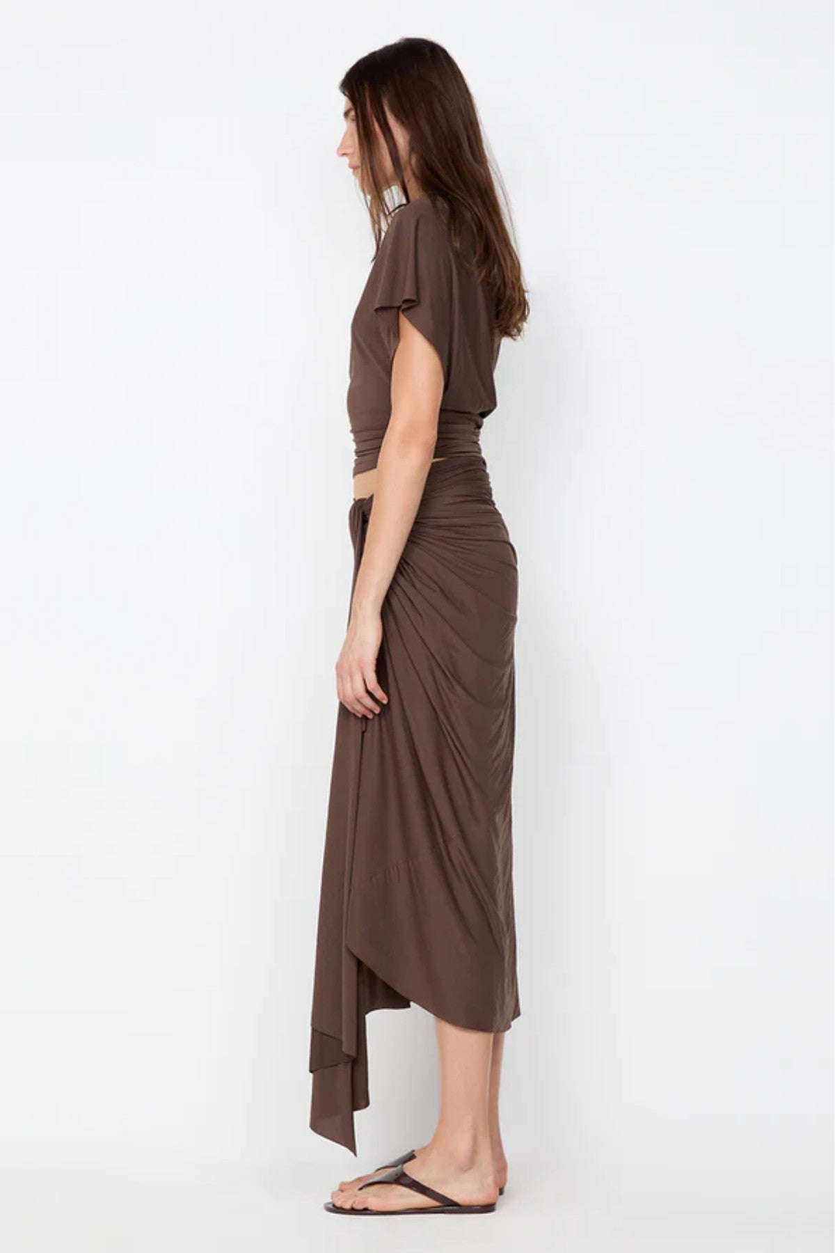 Clementine Batwing Top by Bec and Bridge – a milk chocolate draped jersey top with a fitted gathered waist, perfect for chic evening or resort looks.