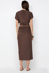 Clementine Batwing Top by Bec and Bridge – a milk chocolate draped jersey top with a fitted gathered waist, perfect for chic evening or resort looks.