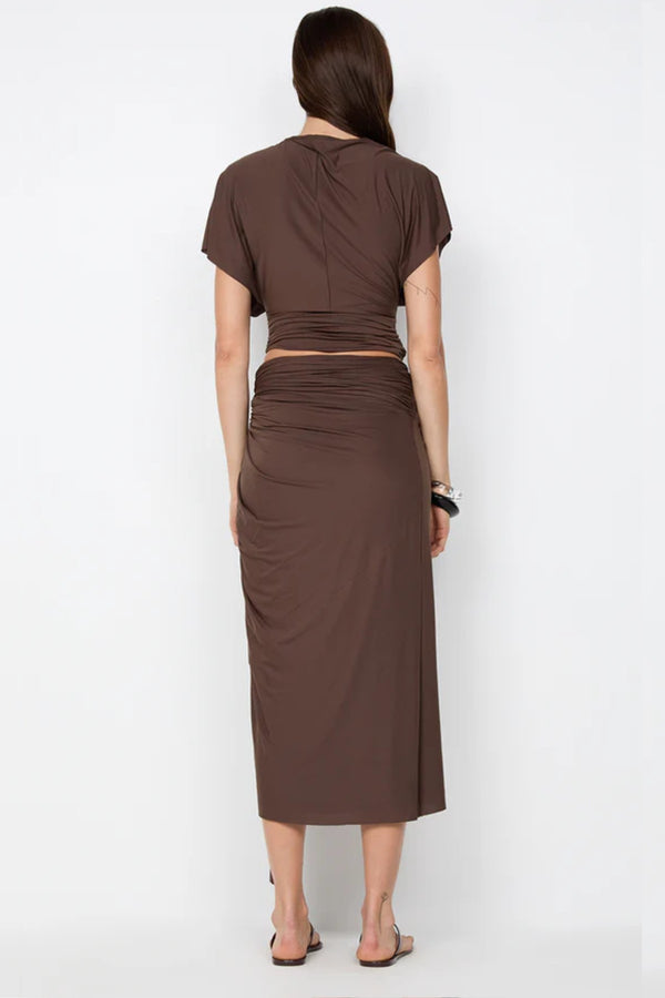 Clementine Batwing Top by Bec and Bridge – a milk chocolate draped jersey top with a fitted gathered waist, perfect for chic evening or resort looks.