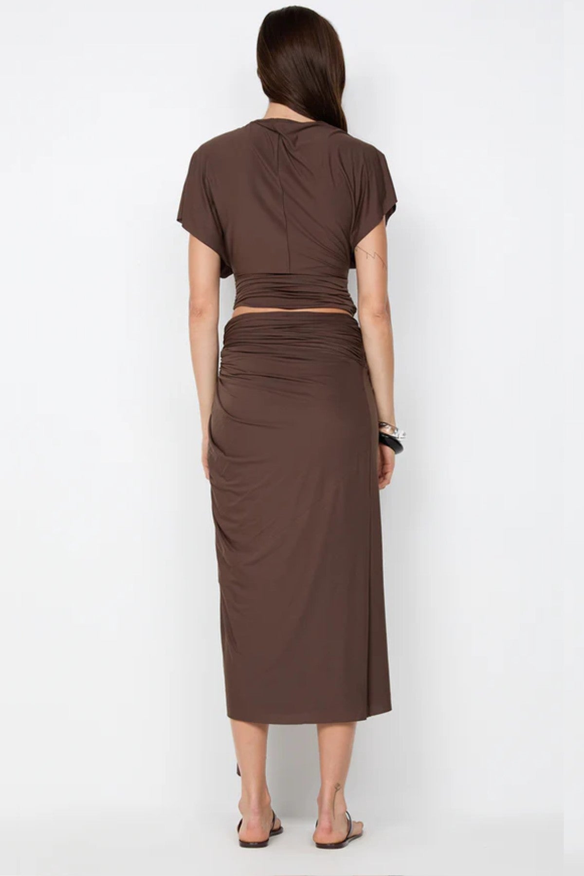 Clementine Batwing Top by Bec and Bridge – a milk chocolate draped jersey top with a fitted gathered waist, perfect for chic evening or resort looks.