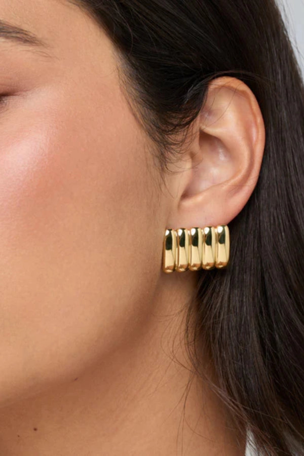 Clemmie Maxi Earrings Gold by Heaven Mayhem - sculptural ribbed statement earrings in 18k gold plated stainless steel, perfect for bold everyday styling.