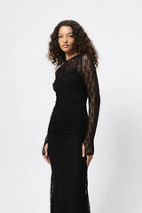 Close To You Maxi Dress Black by Mossman – a lace maxi with long sleeves and slim fit. Perfect for elevated evening styling.