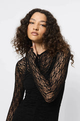 Close To You Maxi Dress Black by Mossman – a lace maxi with long sleeves and slim fit. Perfect for elevated evening styling.
