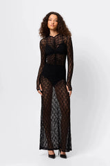 Close To You Maxi Dress Black by Mossman – a lace maxi with long sleeves and slim fit. Perfect for elevated evening styling.
