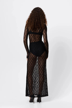 Close To You Maxi Dress Black by Mossman – a lace maxi with long sleeves and slim fit. Perfect for elevated evening styling.