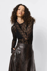 Close To You Top Black by Mossman - sheer lace long sleeve top with crew neckline and thumbholes, perfect for sleek layering or statement styling.