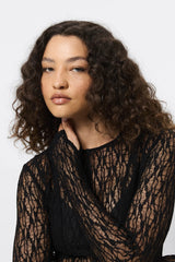 Close To You Top Black by Mossman - sheer lace long sleeve top with crew neckline and thumbholes, perfect for sleek layering or statement styling.