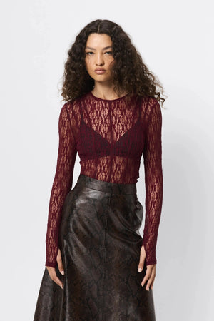 Close To You Top Bordeaux by Mossman - sheer lace long sleeve top with crew neckline and thumbholes, perfect for sleek layering or statement styling.