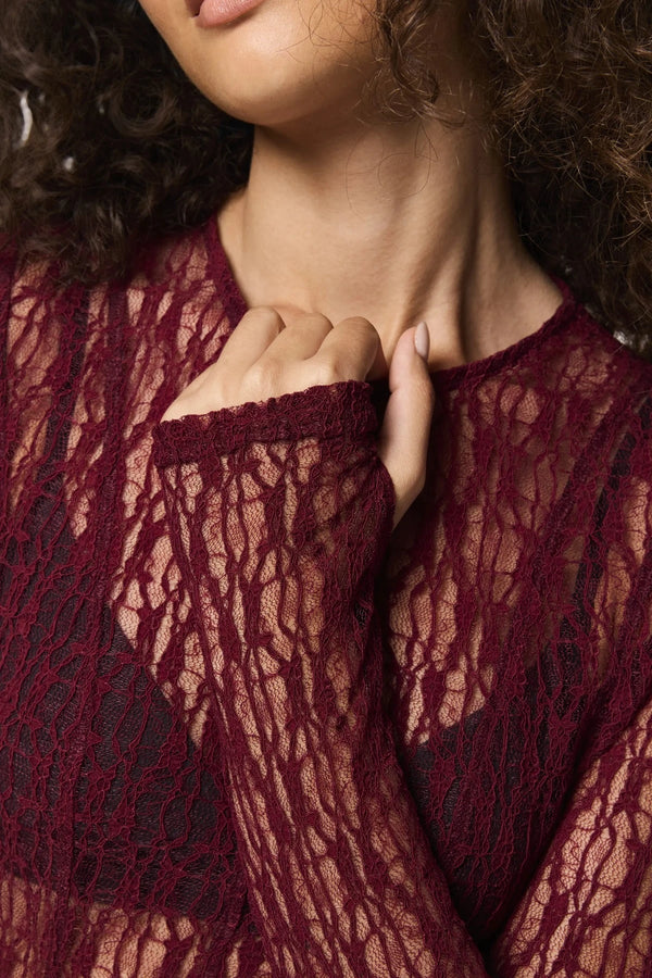 Close To You Top Bordeaux by Mossman - sheer lace long sleeve top with crew neckline and thumbholes, perfect for sleek layering or statement styling.