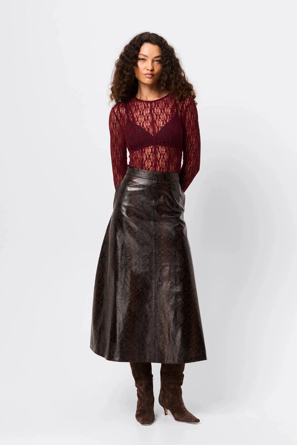 Close To You Top Bordeaux by Mossman - sheer lace long sleeve top with crew neckline and thumbholes, perfect for sleek layering or statement styling.