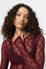 Close To You Top Bordeaux by Mossman - sheer lace long sleeve top with crew neckline and thumbholes, perfect for sleek layering or statement styling.