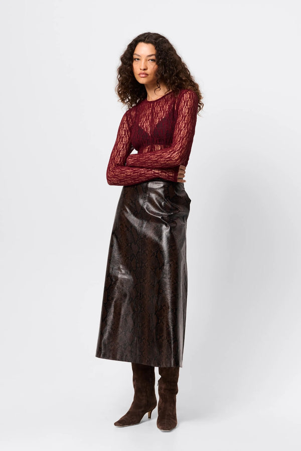 Close To You Top Bordeaux by Mossman - sheer lace long sleeve top with crew neckline and thumbholes, perfect for sleek layering or statement styling.