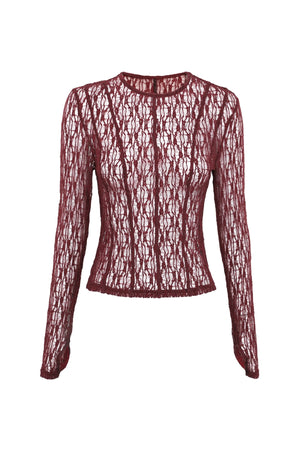 Close To You Top Bordeaux by Mossman - sheer lace long sleeve top with crew neckline and thumbholes, perfect for sleek layering or statement styling.