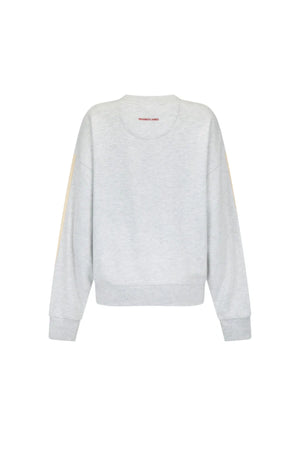 Club Med Sweatshirt in Cloud by Araminta James, relaxed cotton brushed fleece with contrast sleeves and velvet applique, perfect for chic everyday sets.