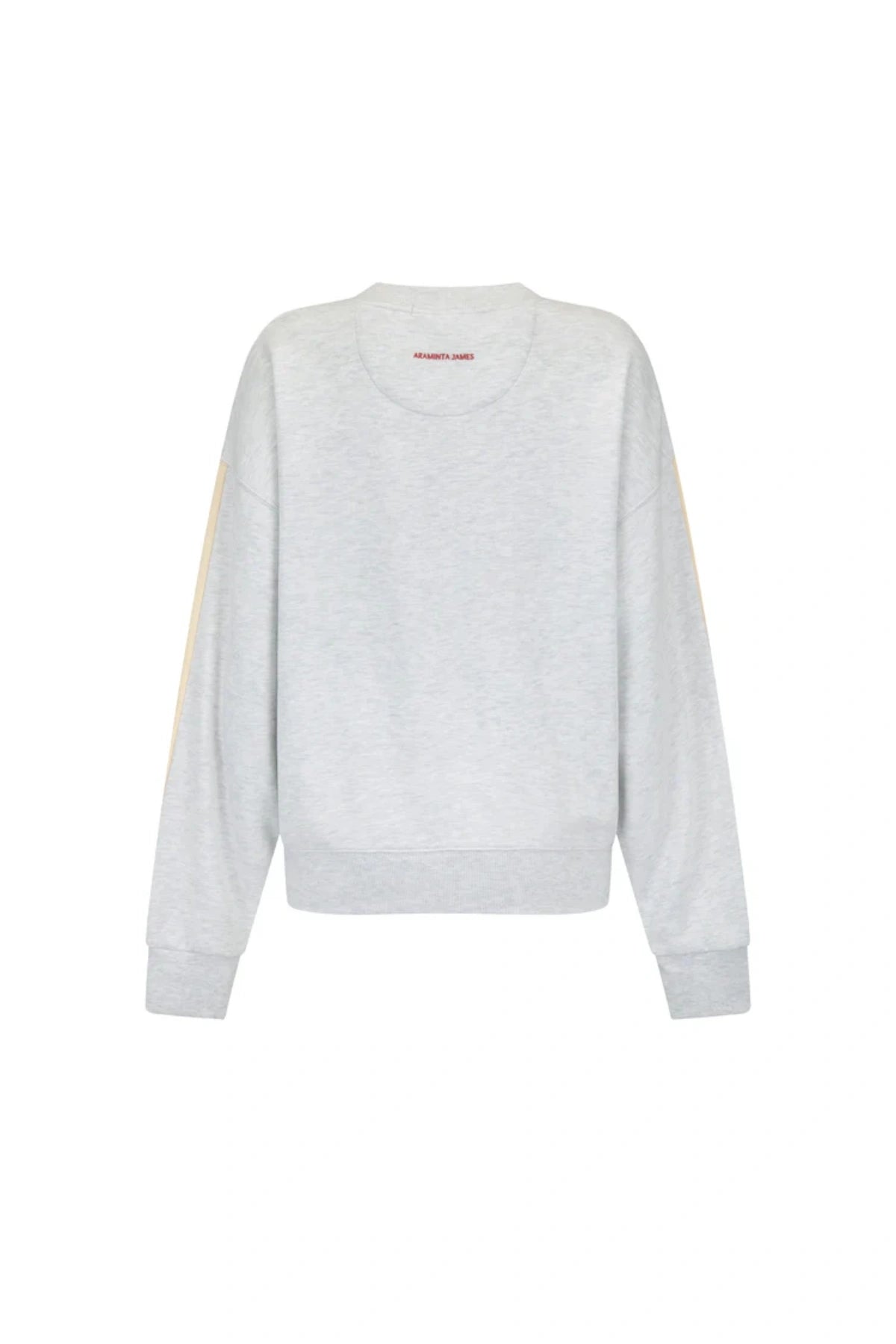 Club Med Sweatshirt in Cloud by Araminta James, relaxed cotton brushed fleece with contrast sleeves and velvet applique, perfect for chic everyday sets.
