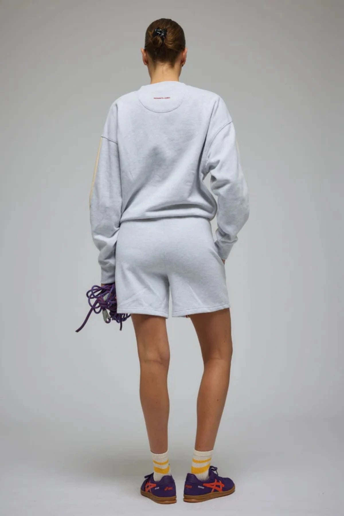 Club Med Sweatshirt in Cloud by Araminta James, relaxed cotton brushed fleece with contrast sleeves and velvet applique, perfect for chic everyday sets.
