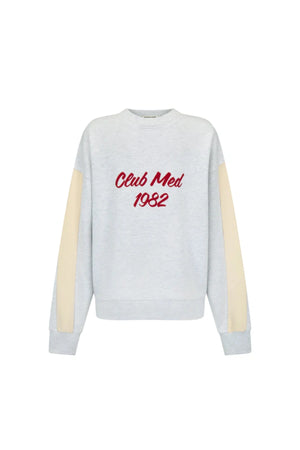 Club Med Sweatshirt in Cloud by Araminta James, relaxed cotton brushed fleece with contrast sleeves and velvet applique, perfect for chic everyday sets.