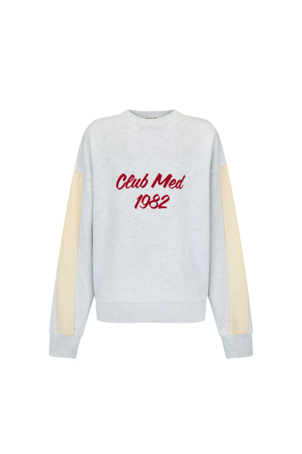 Club Med Sweatshirt in Cloud by Araminta James, relaxed cotton brushed fleece with contrast sleeves and velvet applique, perfect for chic everyday sets.