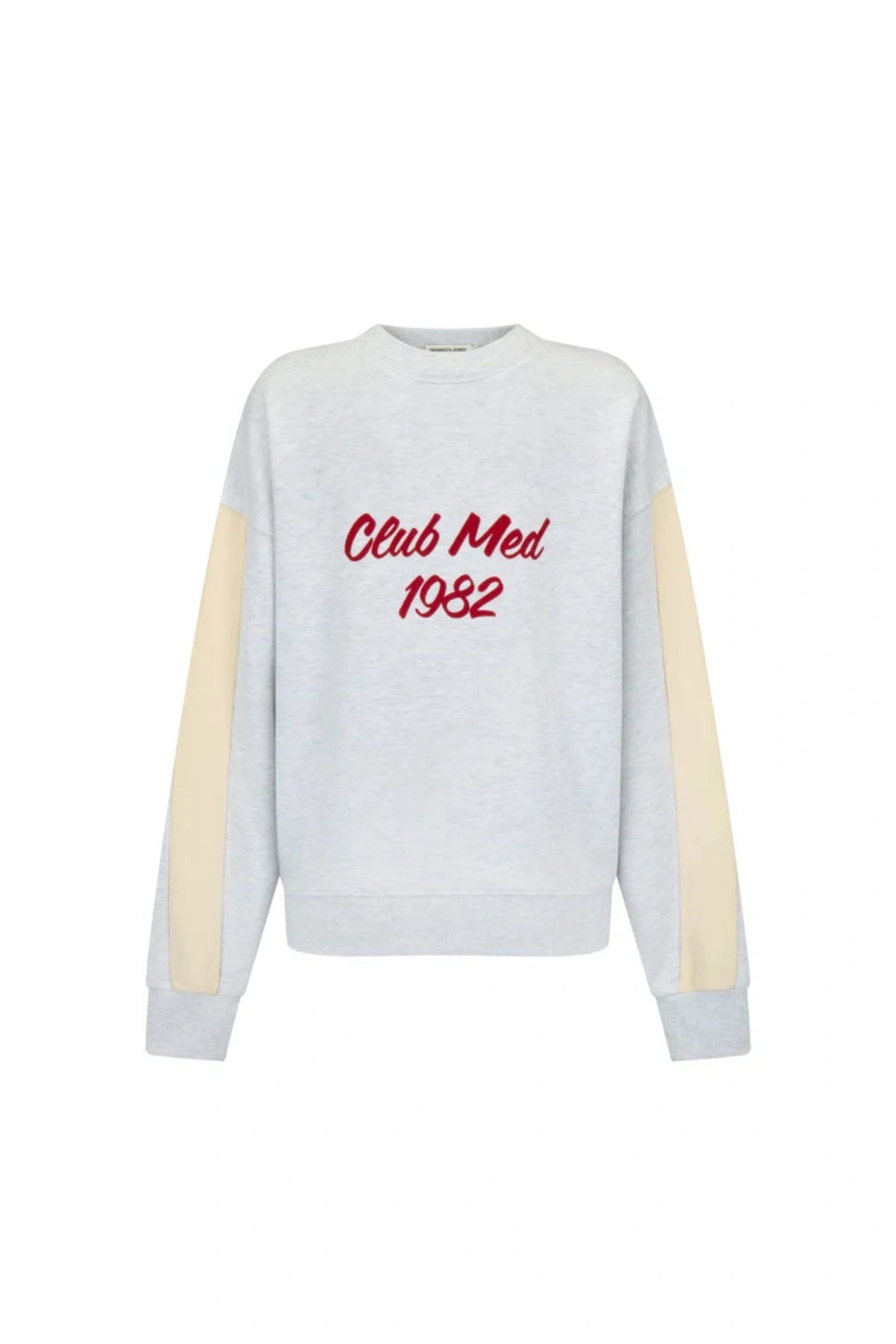 Club Med Sweatshirt in Cloud by Araminta James, relaxed cotton brushed fleece with contrast sleeves and velvet applique, perfect for chic everyday sets.