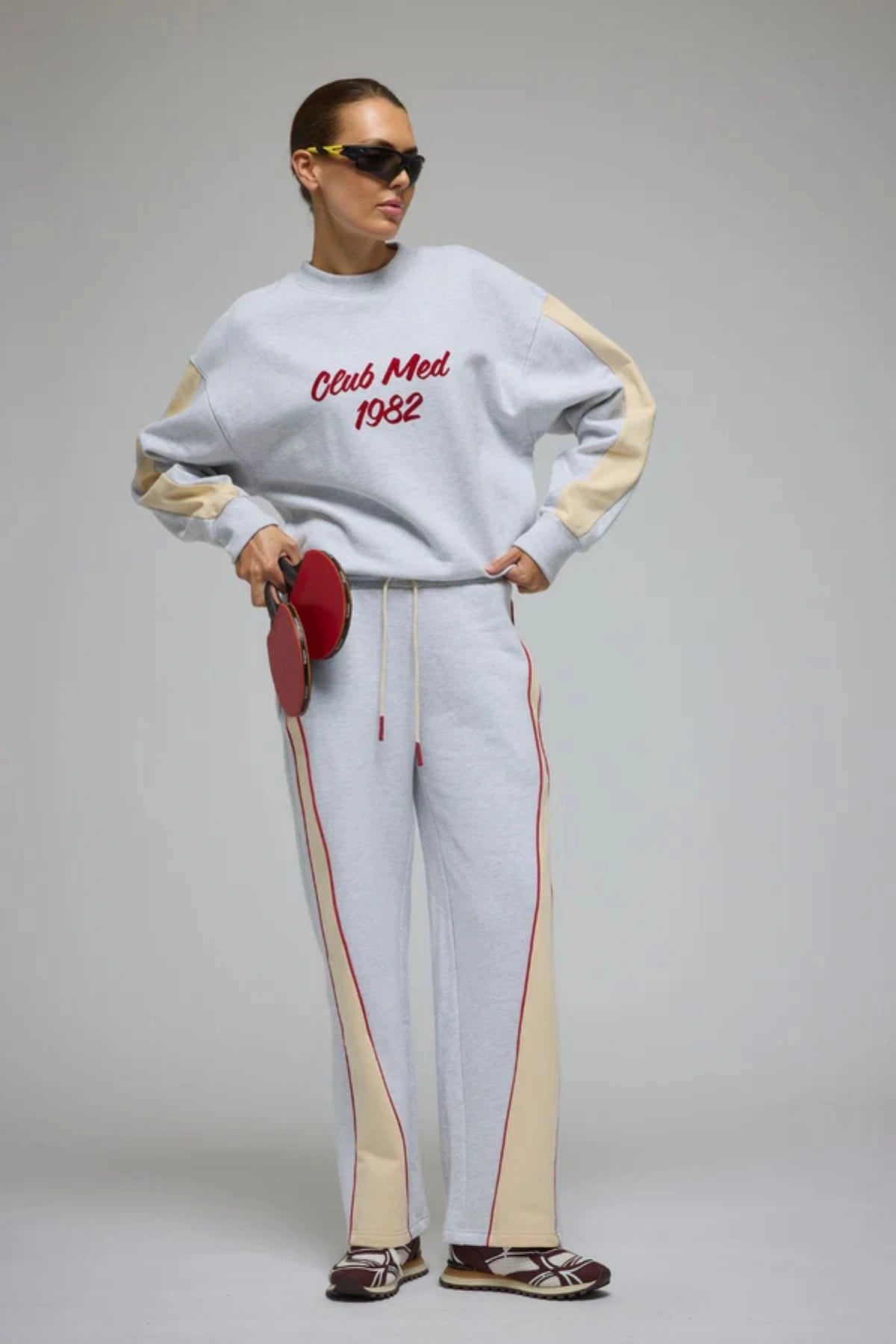 Club Med Sweatshirt in Cloud by Araminta James, relaxed cotton brushed fleece with contrast sleeves and velvet applique, perfect for chic everyday sets.