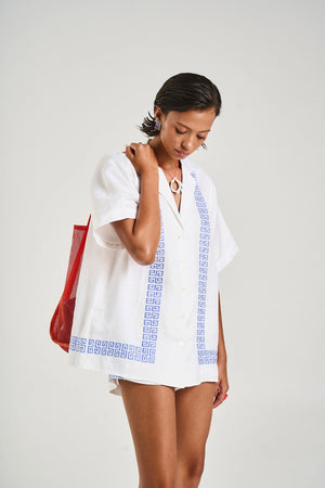 Collared Short Sleeve Shirt by Summi Summi – a boxy shirt with embroidered detail and button front. Perfect for summer styling.
