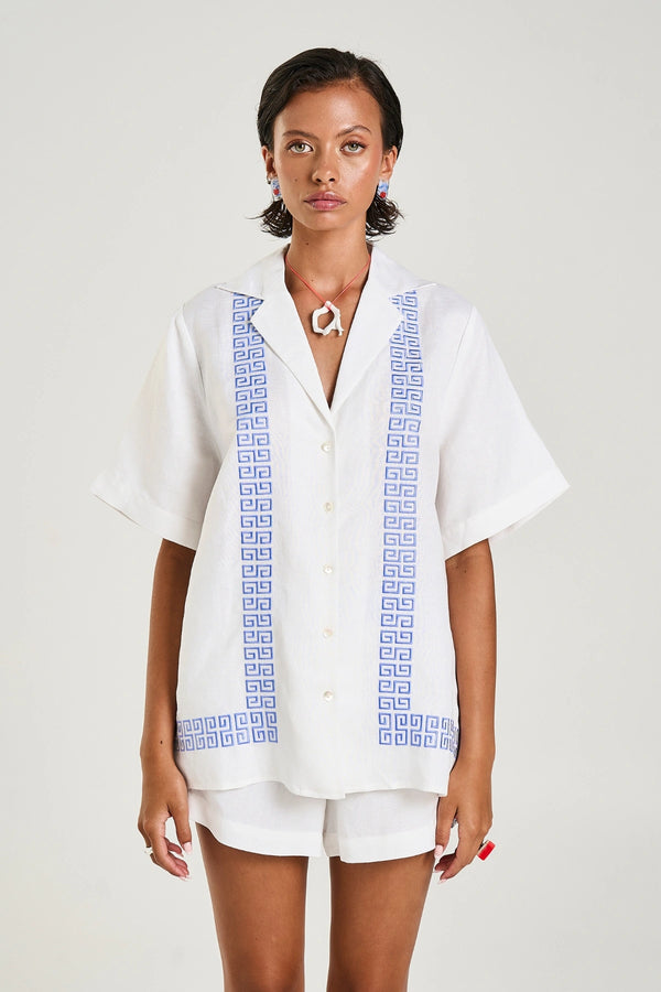 Collared Short Sleeve Shirt by Summi Summi – a boxy shirt with embroidered detail and button front. Perfect for summer styling.