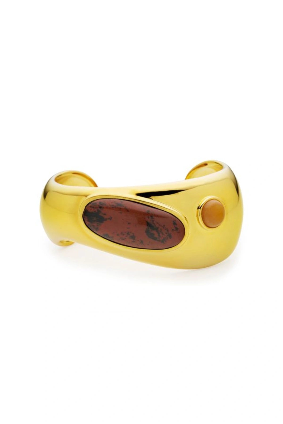 Como Bracelet Gold by Amber Sceats, gold-plated cuff with Red Mahogany and Orange Aventurine, a trendy piece perfect for elegant events or chic layering.