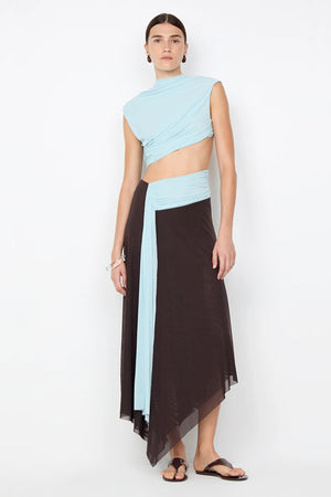 Conni Asym Midi Dress by Bec + Bridge, a two-tone mesh silhouette with cut-out waist, gathered sash, and raw hem for sculptural evening allure.