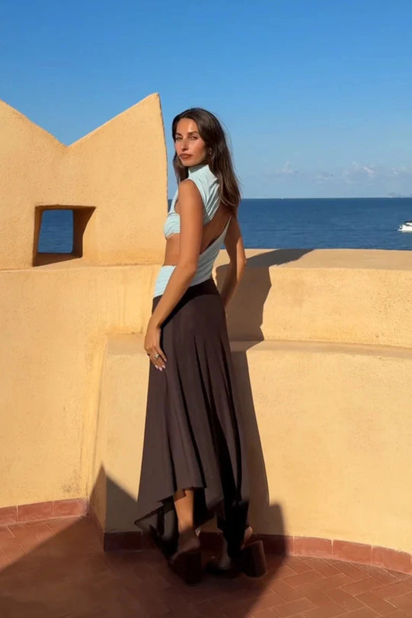 Conni Asym Midi Dress by Bec + Bridge, a two-tone mesh silhouette with cut-out waist, gathered sash, and raw hem for sculptural evening allure.