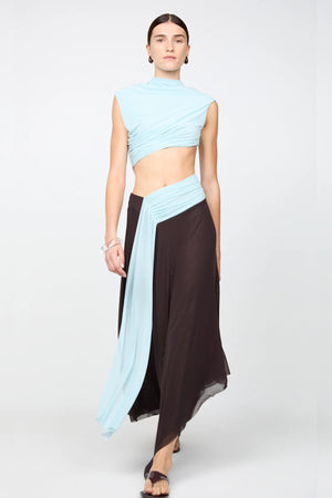 Conni Asym Midi Dress by Bec + Bridge, a two-tone mesh silhouette with cut-out waist, gathered sash, and raw hem for sculptural evening allure.