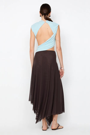 Conni Asym Midi Dress by Bec + Bridge, a two-tone mesh silhouette with cut-out waist, gathered sash, and raw hem for sculptural evening allure.